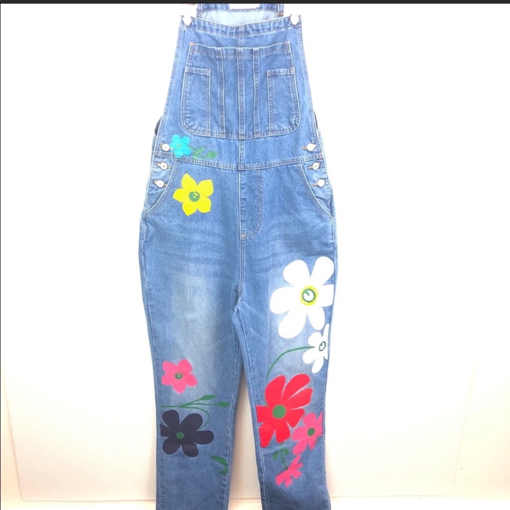 MISSLOOK Blue Denim Flower Painted Overalls Size M